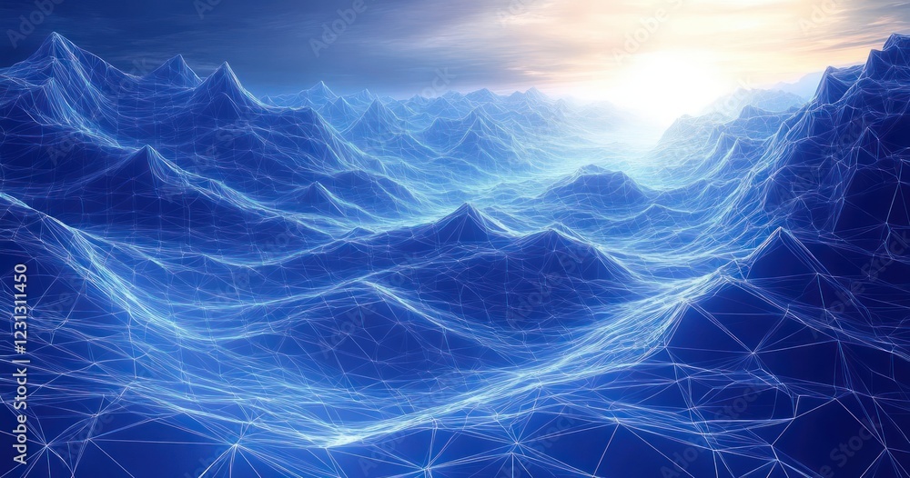Poster digital waveform patterns and wireframe 3d simulation in a futuristic landscape