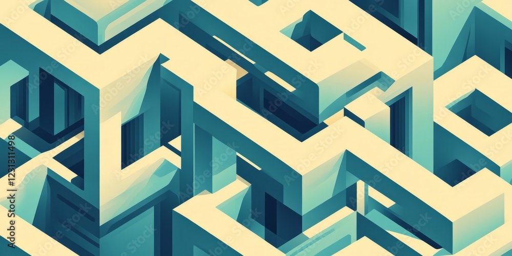 Poster a complex abstract geometric pattern featuring a maze-like design in blue and beige tones, creating 