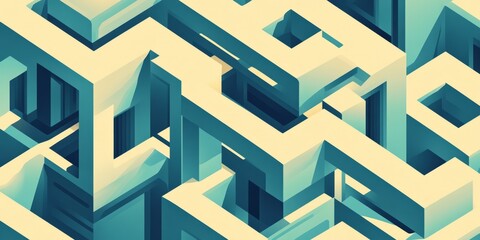 A complex abstract geometric pattern featuring a maze-like design in blue and beige tones, creating a 3D illusion.