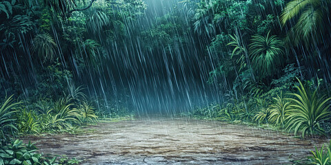 Anime cartoon style forest, rainy jungle night backdrop, stormy rainforest background