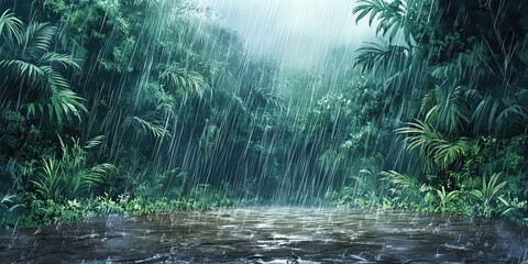 Anime cartoon style forest, rainy jungle night backdrop, stormy rainforest background