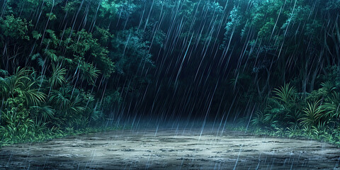 Anime cartoon style forest, rainy jungle night backdrop, stormy rainforest background