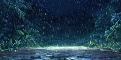 Anime cartoon style forest, rainy jungle night backdrop, stormy rainforest background