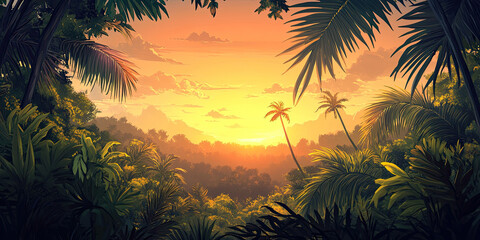 Anime cartoon style sunset forest, vibrant jungle backdrop, rainforest background, graphic resource