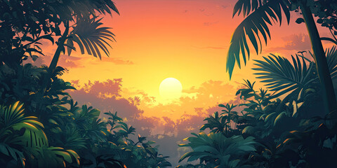 Anime cartoon style sunset forest, vibrant jungle backdrop, rainforest background, graphic resource