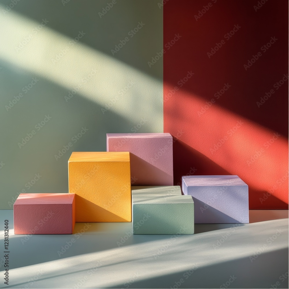 Poster this image features a stunning arrangement of colorful geometric shapes illuminated by soft natural 