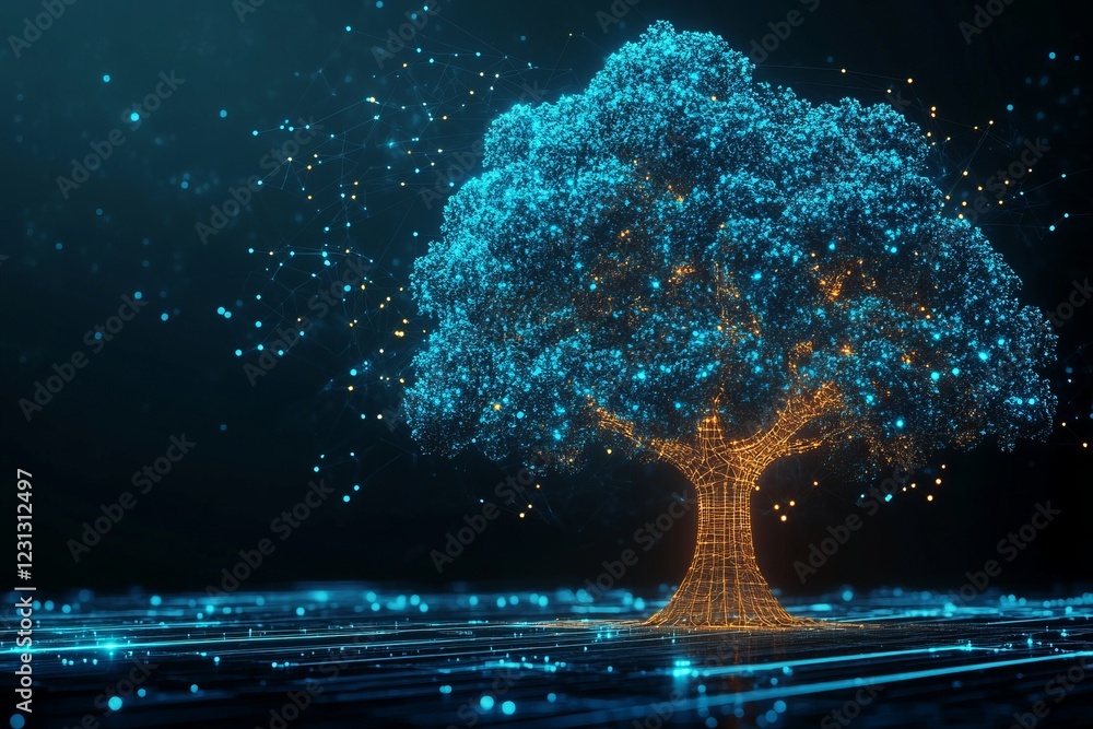 Poster a digital tree with glowing branches and network connections, symbolizing technology and innovation 