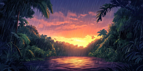 Anime cartoon style sunset forest, rainy jungle backdrop, vibrant rainforest background, graphic resource