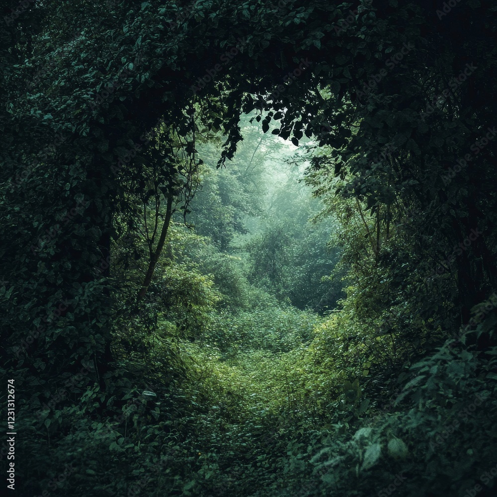 Poster a dark forest with a large archway in the middle. the archway is surrounded by trees and bushes