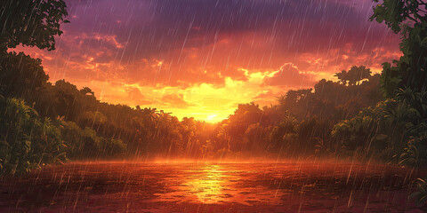 Anime cartoon style sunset forest, rainy jungle backdrop, vibrant rainforest background, graphic resource