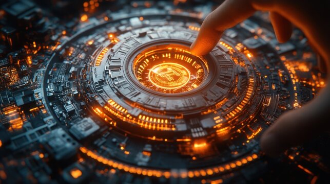 Futuristic Technology Hand Interacting with Glowing Cryptocurrency Circuit Board - Powered by Adobe