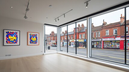 Gallery showcasing vibrant art, city street view