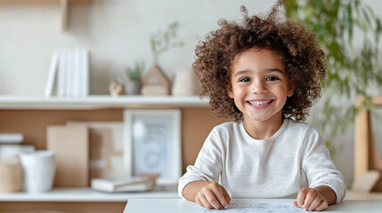Fototapeta premium cheerful child with curly hair smiles while learning in bright room
