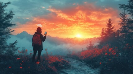 Obraz premium humorous depiction of someone searching for Wi-Fi signals in a remote area, holding a phone high in nature