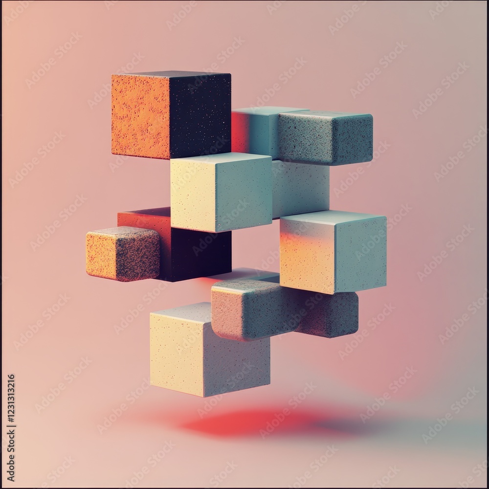 Poster a captivating composition of floating geometric cubes featuring a mix of textures and colors, captur