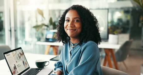 Portrait, copywriter and happy business woman in startup for product review, blog or website. Face, creative and professional entrepreneur, worker and employee at agency for career growth in Brazil
