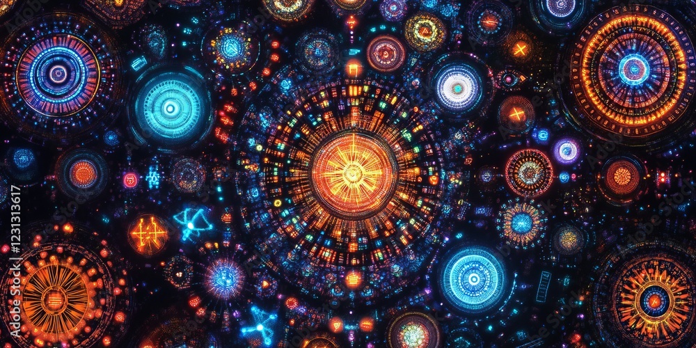 Poster a mesmerizing digital artwork featuring intricate circular patterns and neon colors, creating a futu