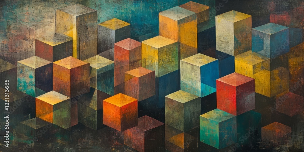 Poster colorful abstract geometric cubes forming a dynamic 3d illusion on a textured surface, perfect for m