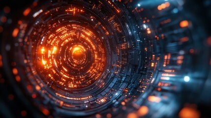 Fototapeta premium Futuristic Sci Fi Tunnel Abstract Orange and Blue Glowing Circuitry