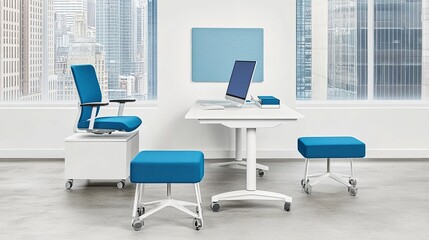 Modern office setup chair, desk, stools, city view
