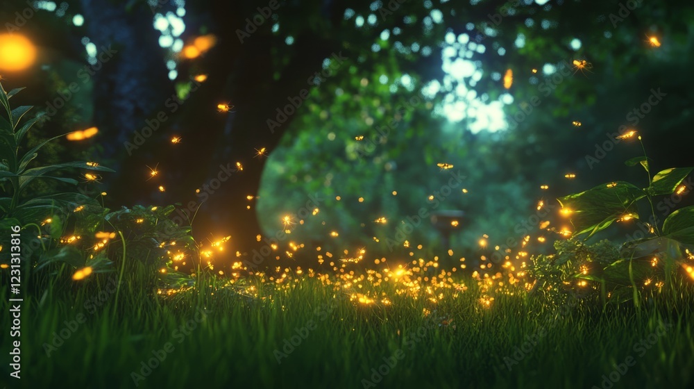 Poster a mesmerizing scene of fireflies illuminating a tranquil forest at dusk, creating a magical and sere