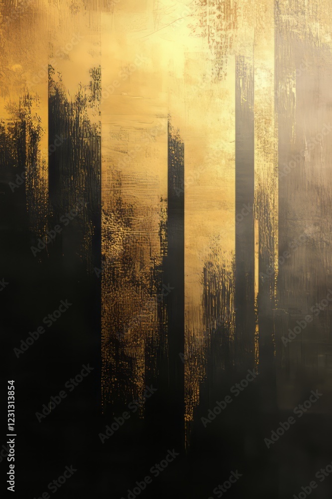 Poster a striking abstract image featuring gold and black textures with vertical lines and artistic brush s