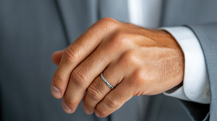 Fototapeta premium close up of man hand wearing wedding ring, showcasing elegance and commitment