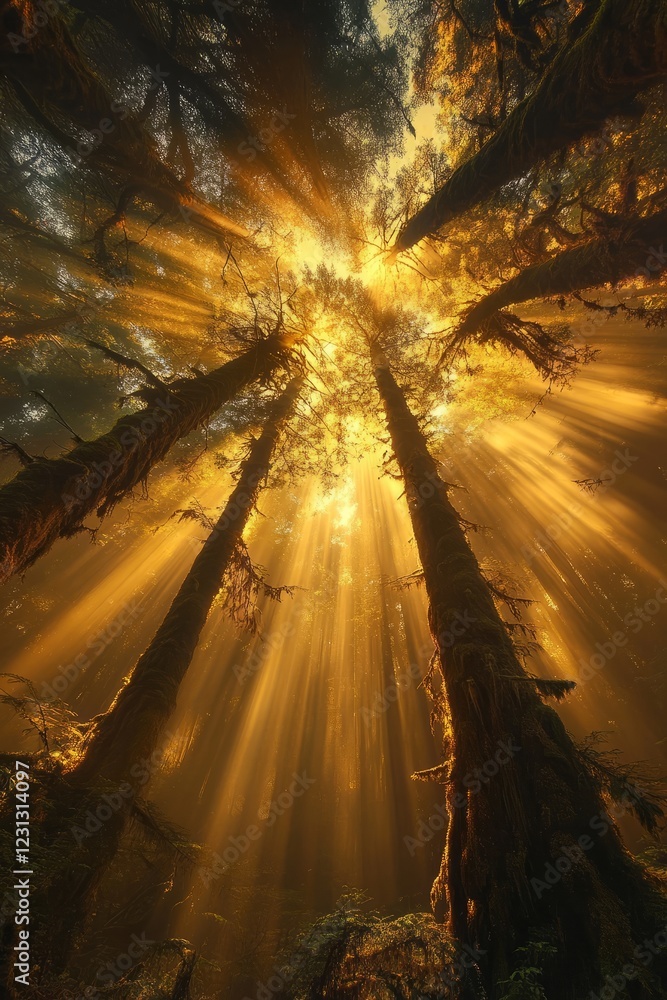 Poster sunlight streams through towering forest trees, casting a golden glow and creating a tranquil, magic