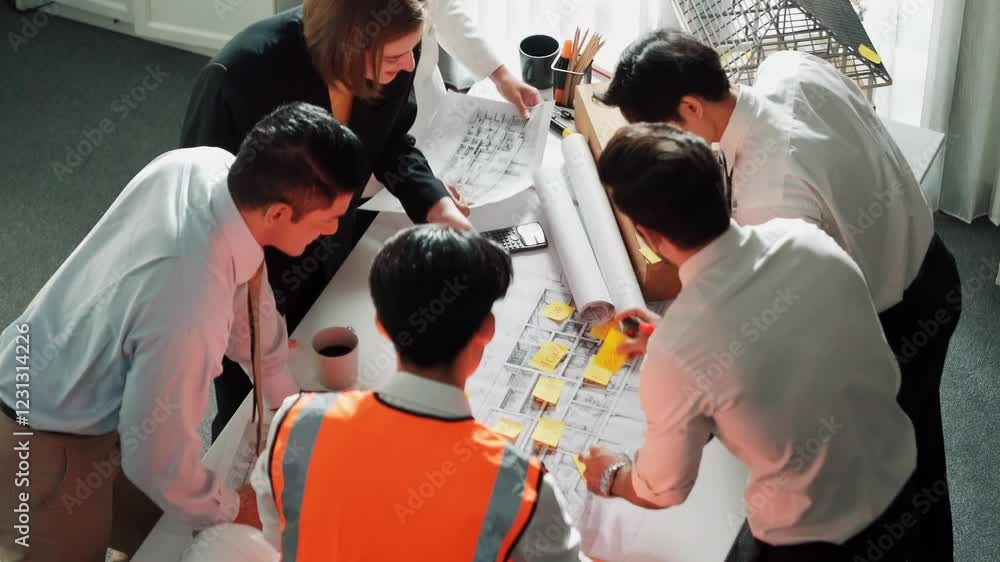 Poster top view of skilled architect engineer team inspect house model while project manager hold blueprint