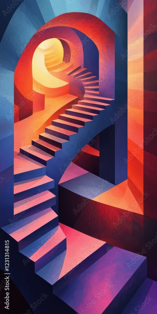 Poster a painting of a staircase with a blue and red color scheme. the stairs are painted in a way that the
