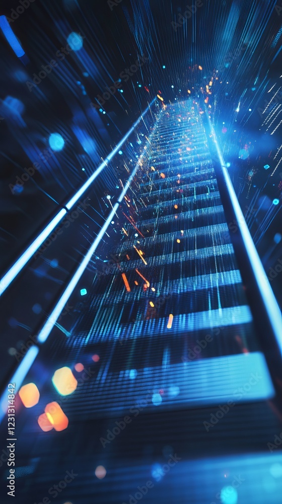 Poster futuristic digital pathway illuminated by dynamic neon and electric data streams