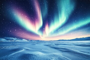 The aurora borealis dancing over a frozen landscape, casting vibrant colors across the snow-covered ground