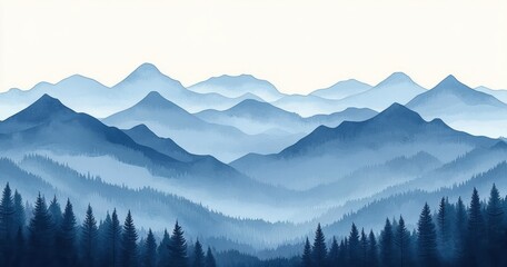 Fototapeta premium Layered Blue Mountains Minimalist Landscape Watercolor Art