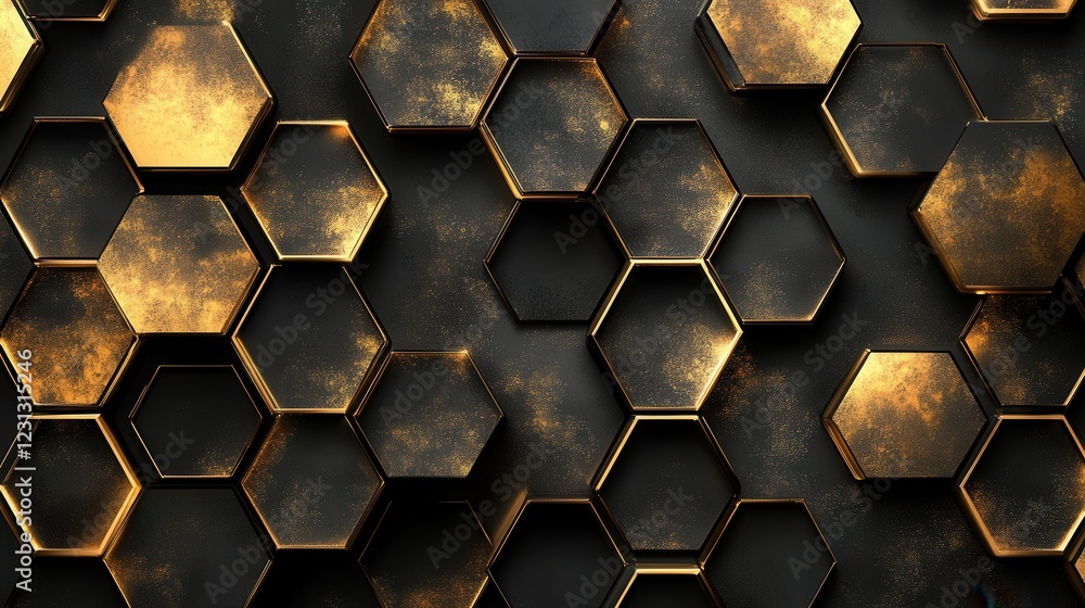 Poster hexagonal elegance in gold and black, striking abstract design featuring intricate hexagonal pattern