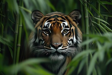 Tiger stripes emerging from a dense bamboo forest, with sharp contrasts between the dark stripes and the vibrant green leaves, evoking a sense of mystery and stealth