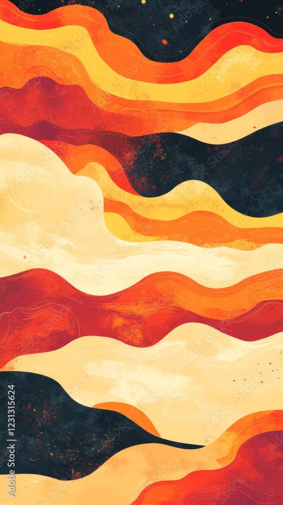 Poster colorful abstract waves in warm hues, creating a dynamic and energetic visual effect.