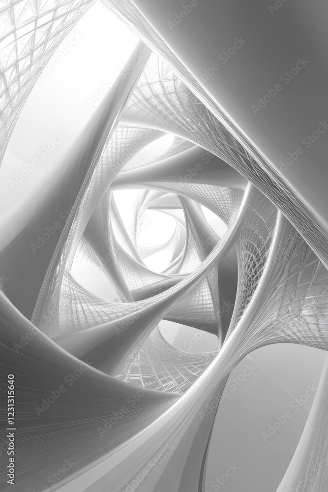 Poster a captivating abstract image featuring a spiral geometric structure in monochrome, evoking a futuris