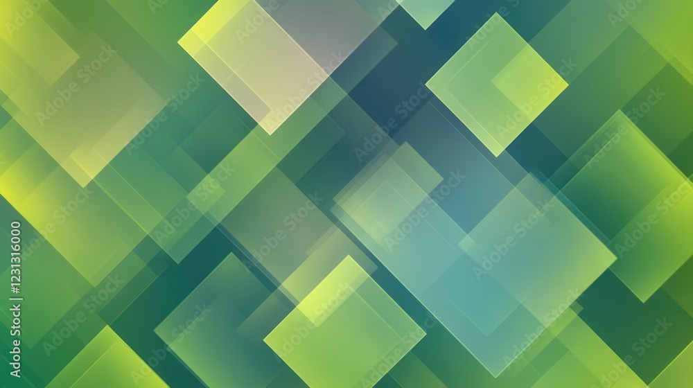 Poster overlapping abstract squares in gradient greens and blues, digital art, transparent background, mode