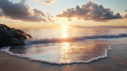Obraz premium The ocean is calm and the sun is setting, creating a beautiful and serene atmosphere. The waves are gently lapping at the shore, and the sky is filled with clouds