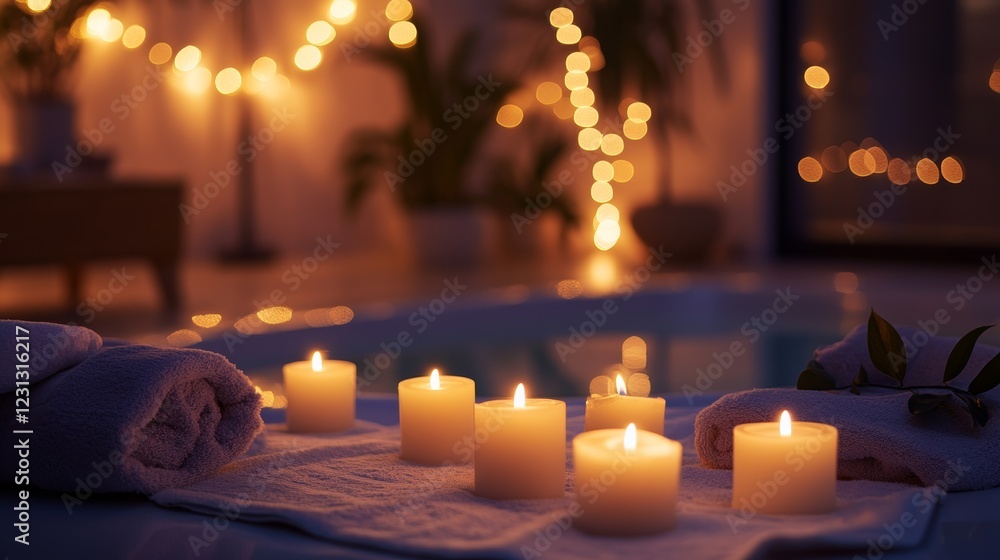 Poster a table with candles and towels in a spa setting. the candles are lit and the towels are neatly arra