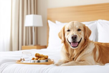 Pet friendly travel concept. Golden retriever enjoying a meal on a bed in a cozy room in hotel or resort.