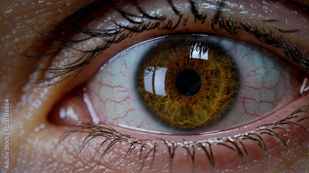 Aufkleber Close-up of a human eye with a reflection of blue and yellow digital code, creating a sense of technological integration.
