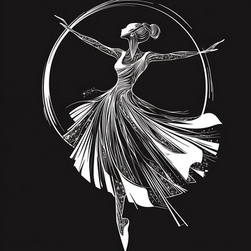 recommend clip art: Ballerina in graceful dance pose, art style, black background, possible use for design or print