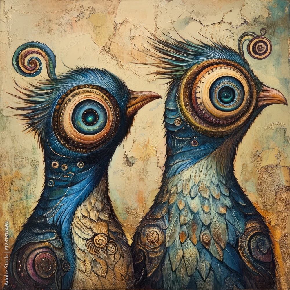 Poster a vibrant, surreal artwork featuring two intricately designed birds with unique patterns and texture