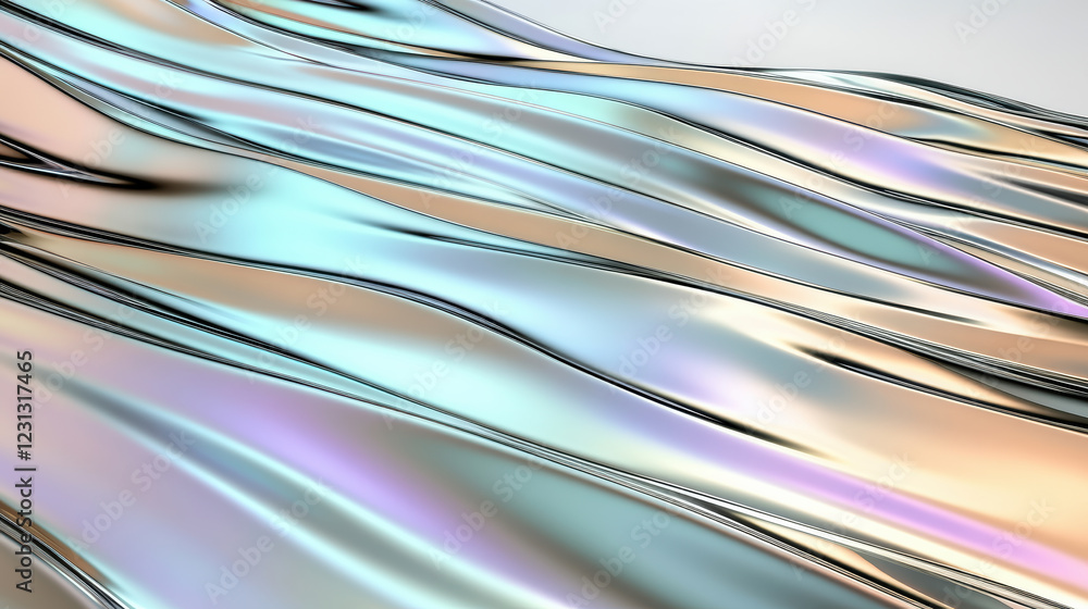 Poster shimmering metallic waves with iridescent colors and smooth texture