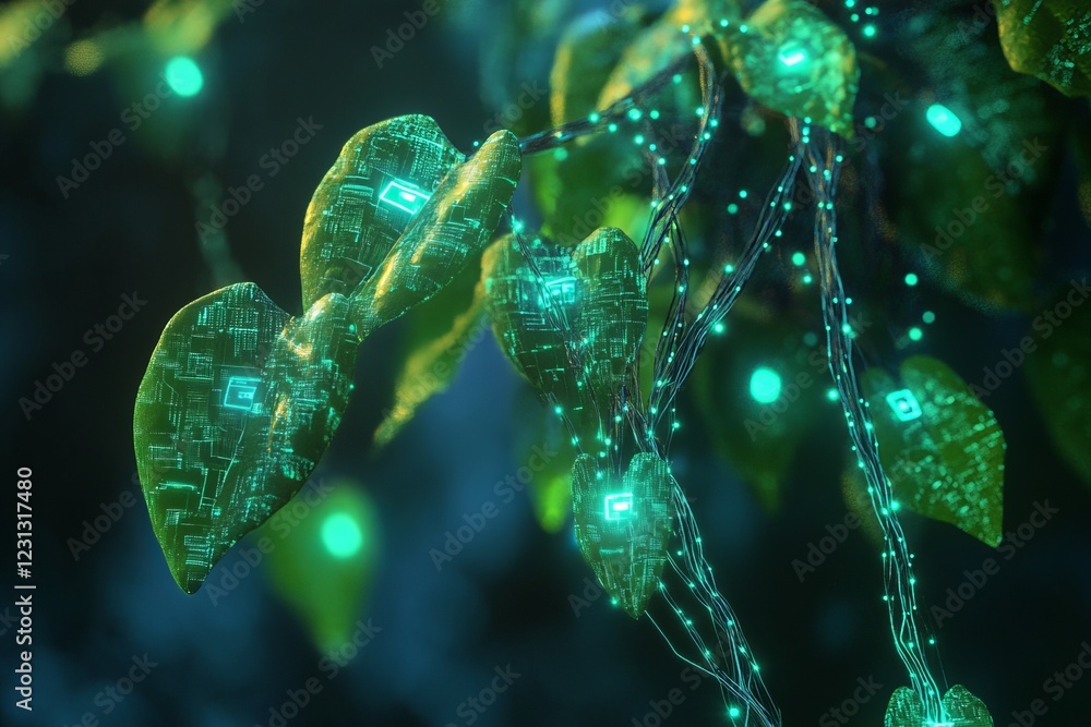 Poster digital leaves with circuit designs and glowing fibers create a futuristic, mystical atmosphere in a