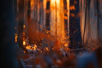 Fototapeta premium A mesmerizing sunset illuminates a forest fire, highlighting the beauty and danger of nature's power.