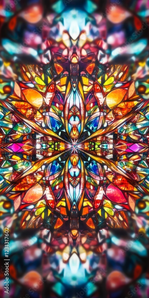 Poster a vivid abstract stained glass pattern featuring colorful geometric shapes and a symmetrical design,