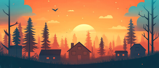 Obraz premium serene sunset over forest landscape with silhouettes of houses and trees, showcasing beauty of nature. warm colors evoke sense of tranquility and peace