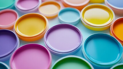 paint palette macro shot, luminous paint colors, pastel and bold tones mixed, circular paint wells arrangement, smooth paint texture, high contrast colors, artistic still life, premium art materials,